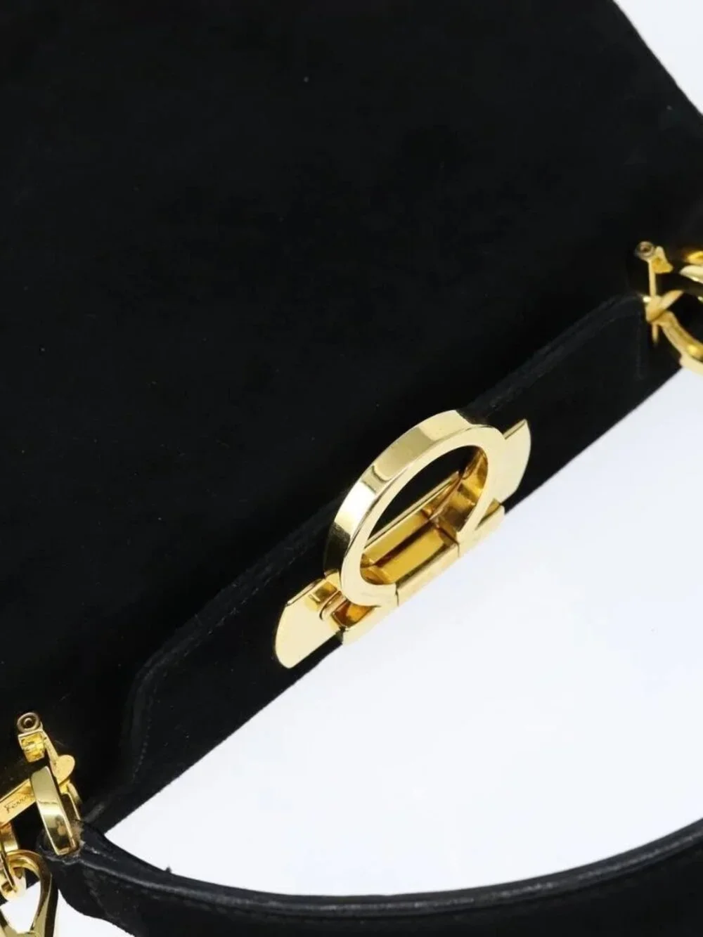 Salvatore Ferragamo Hand Bag Suede 2way Black Gold Auth BA7321